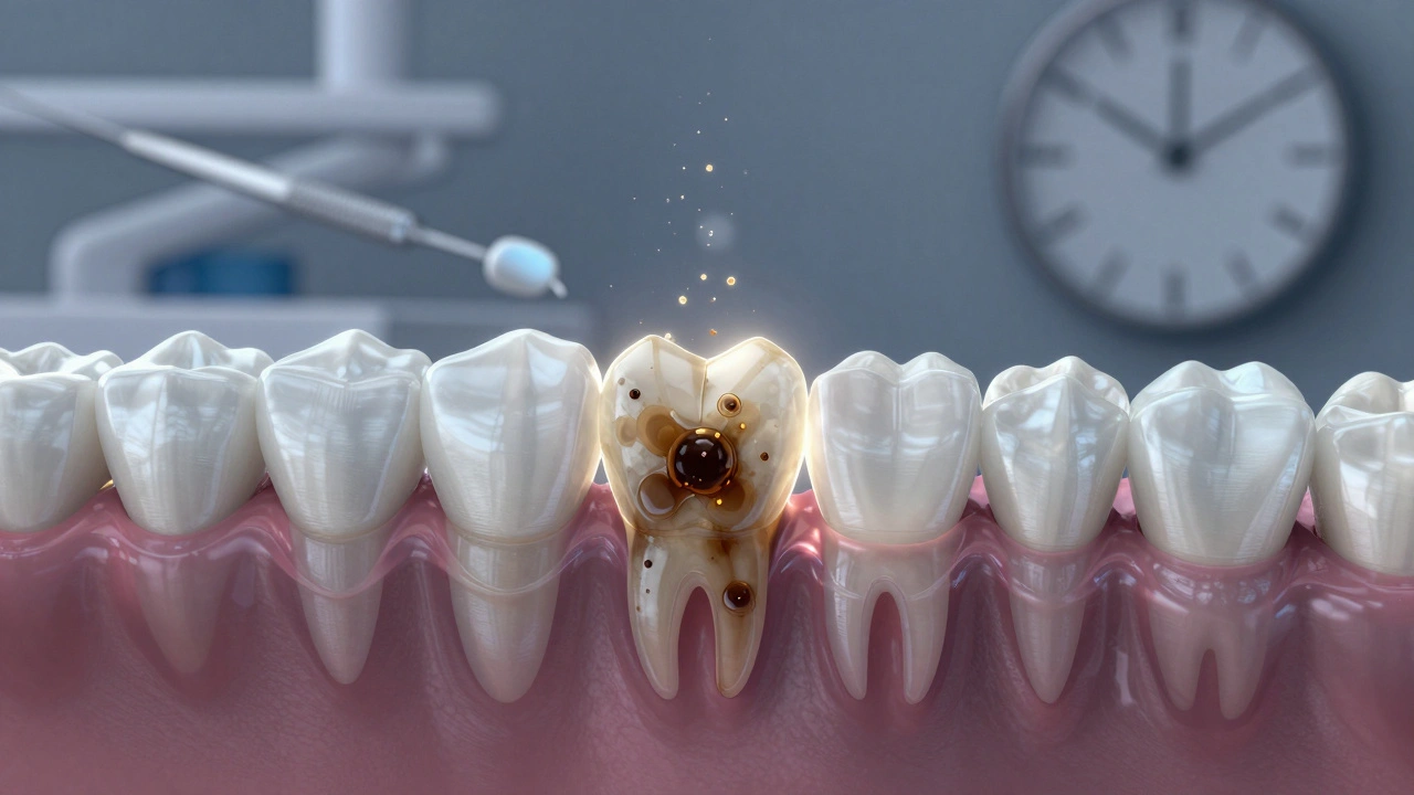 Průřez zubu ukazující, jak chemické látky rozkládají tmavé pigmenty ve sklovině.