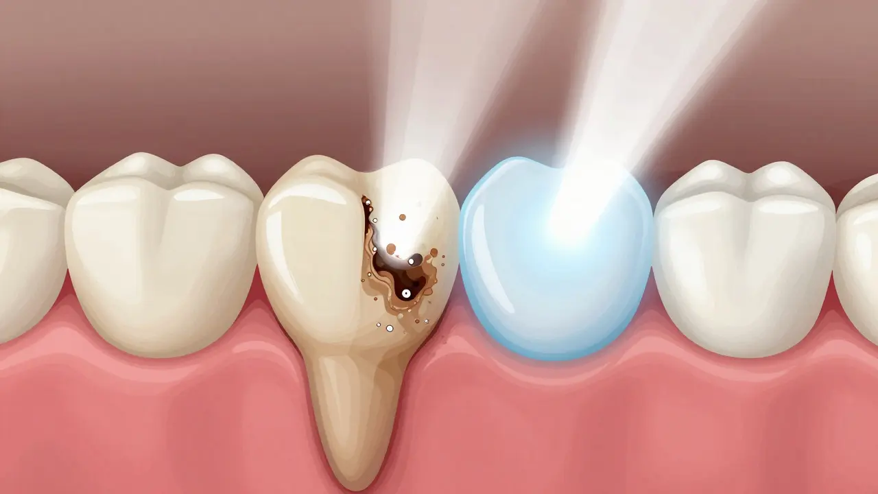 Průřez zubu ukazující rozklad tmavých pigmentů bělící látkou ve sklovine.