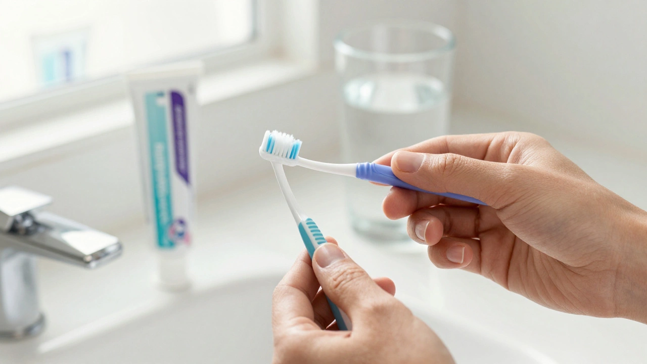 Ruka drží plastový mezizubní kartáček a zubní pastu vhodnou pro keramické náhrady.