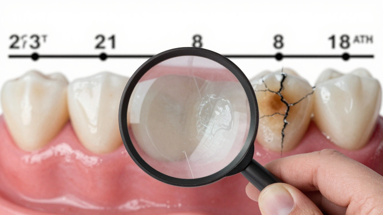Ruka s lupou prozkoumává poškozenou kompozitní fazetu s viditelným opotřebením.