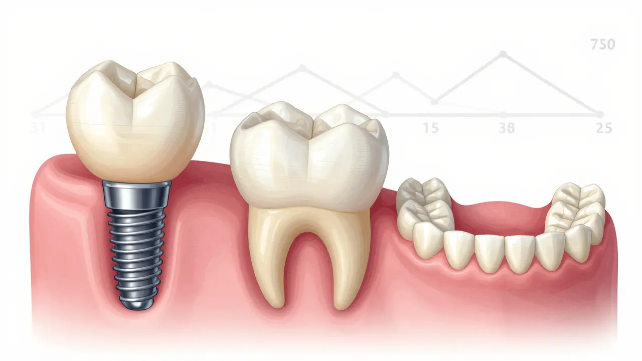 Srovnání tří typů zubních náhrad: implantát, most a protéza.