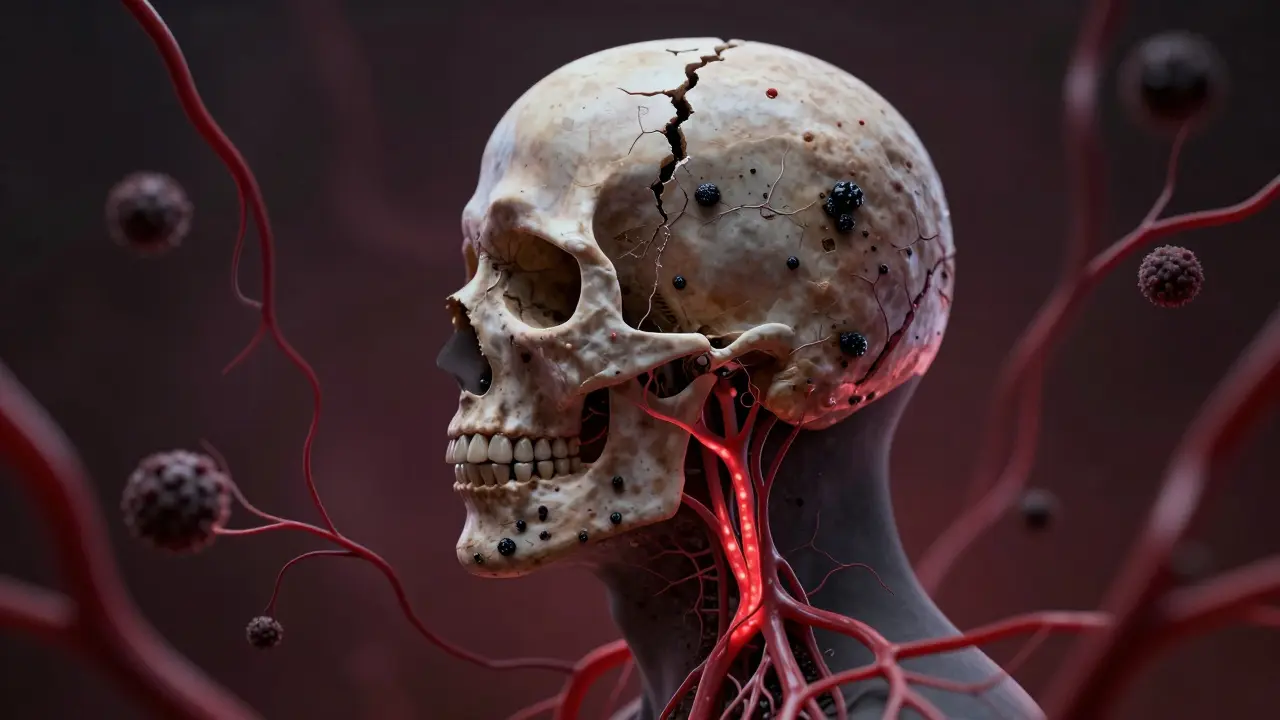 Symbolický obraz černého kameny ničícího kost a šířícího se do krve.