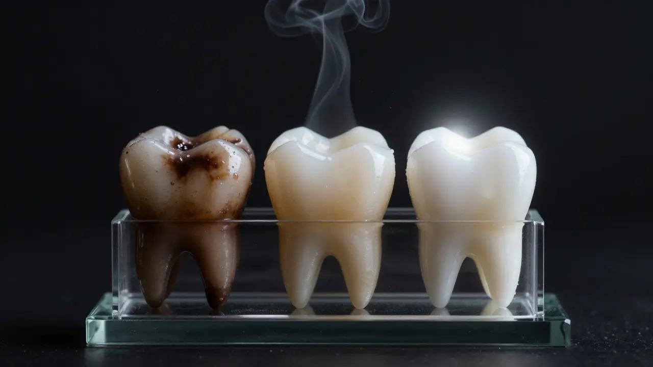Tři zuby v různých fázích bělení: tmavý, v průběhu a bílý, osvětlené na tmavém pozadí.