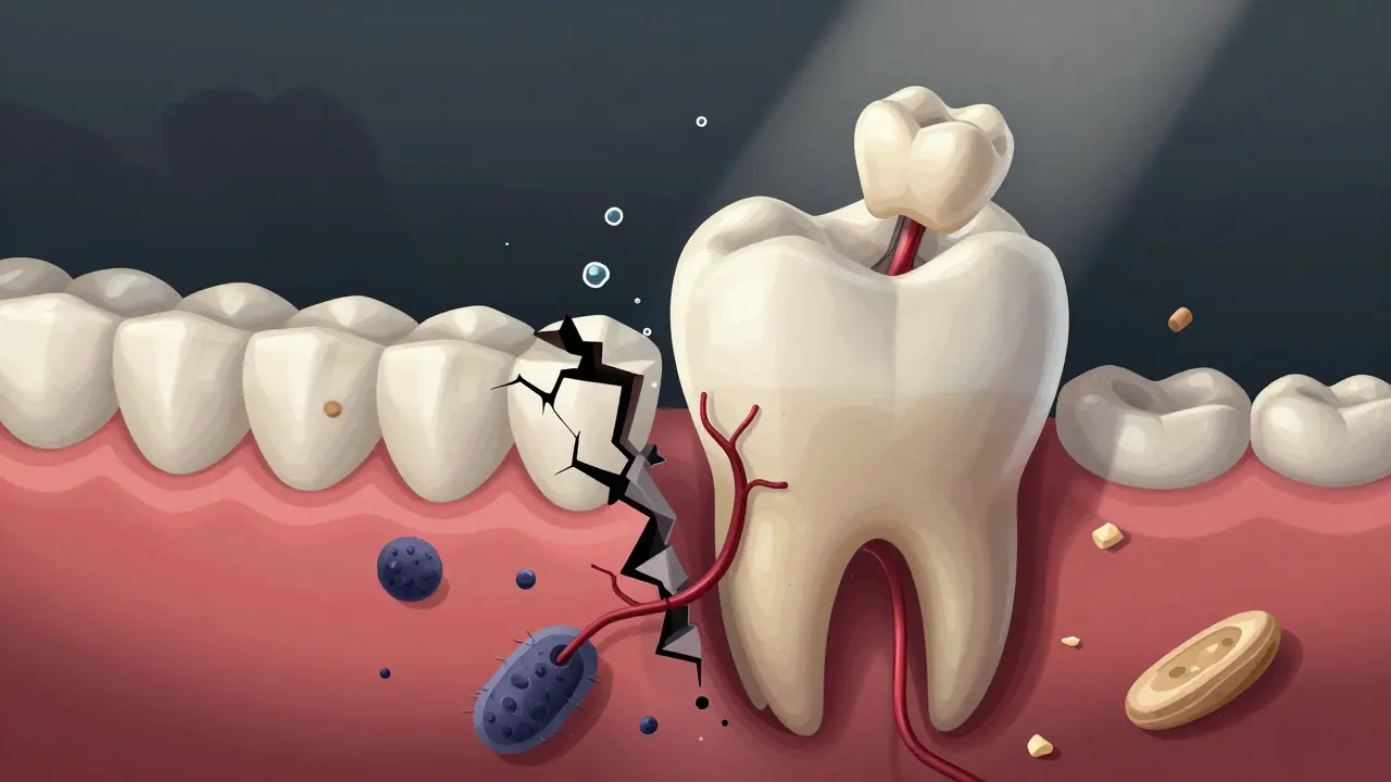 Zub jako zřícivá budova, kde bakterie pronikají do nitra podél trhliny.