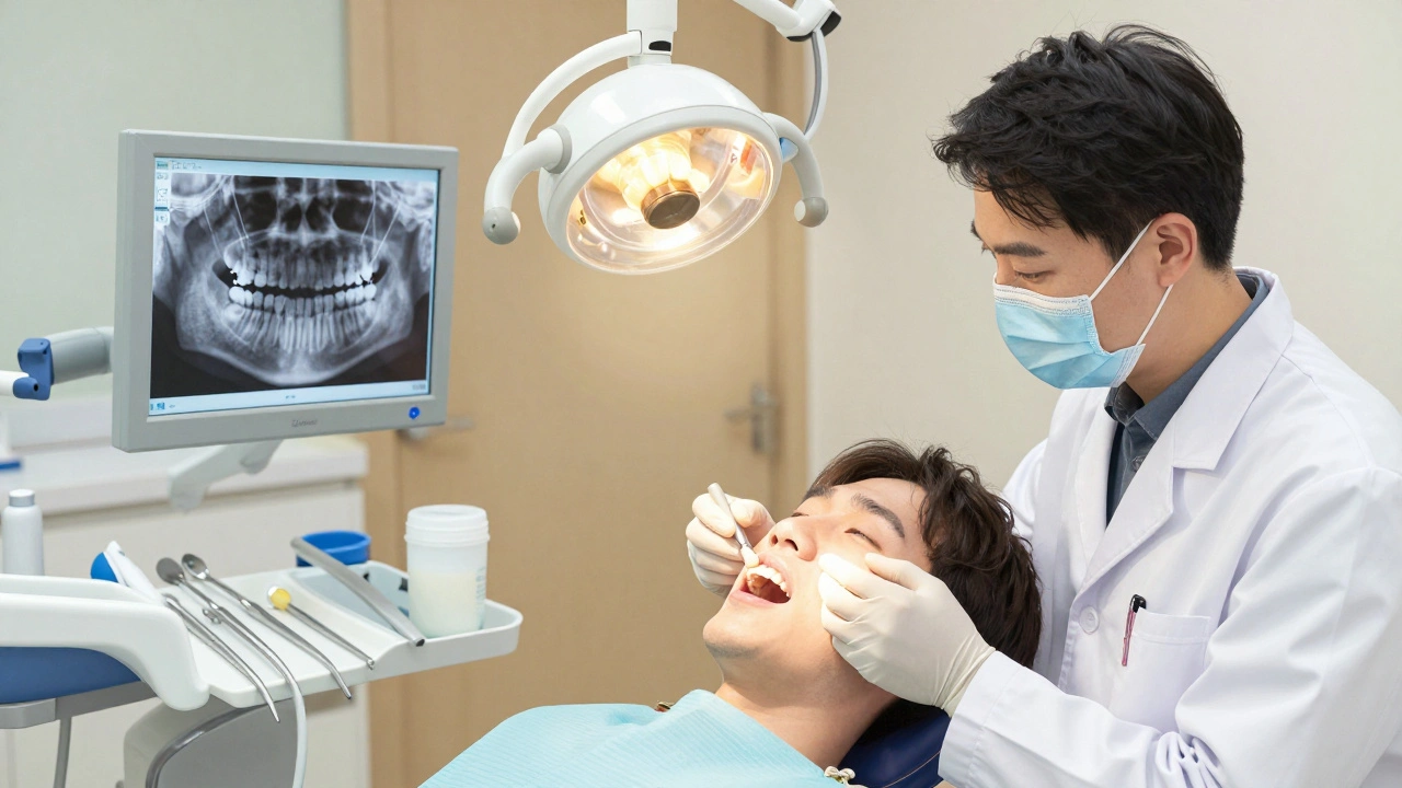 Zubař vyšetřuje poškozený zub v klinice s rentgenem na pozadí.