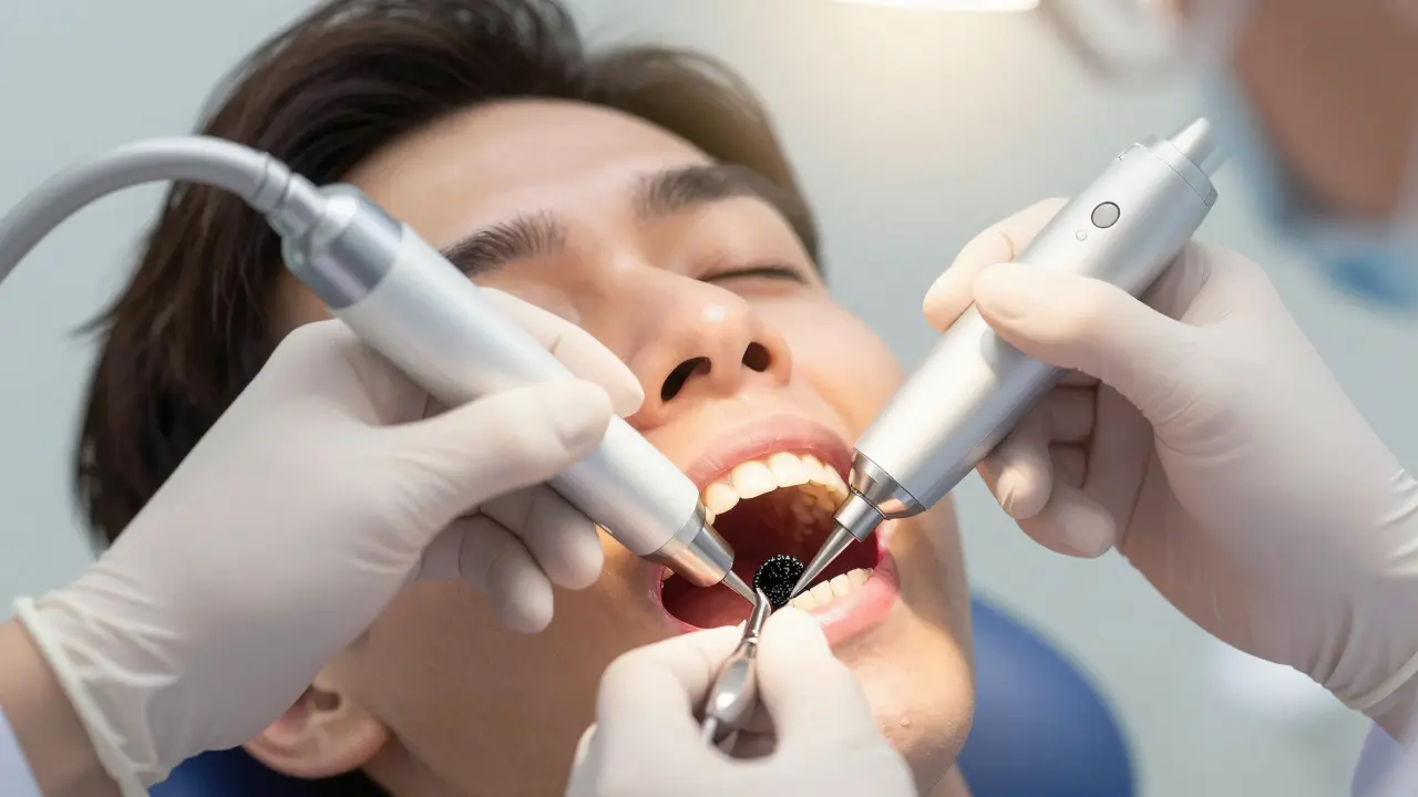 Zubní lékař odstraňuje černý kámen ultrazvukovým přístrojem.