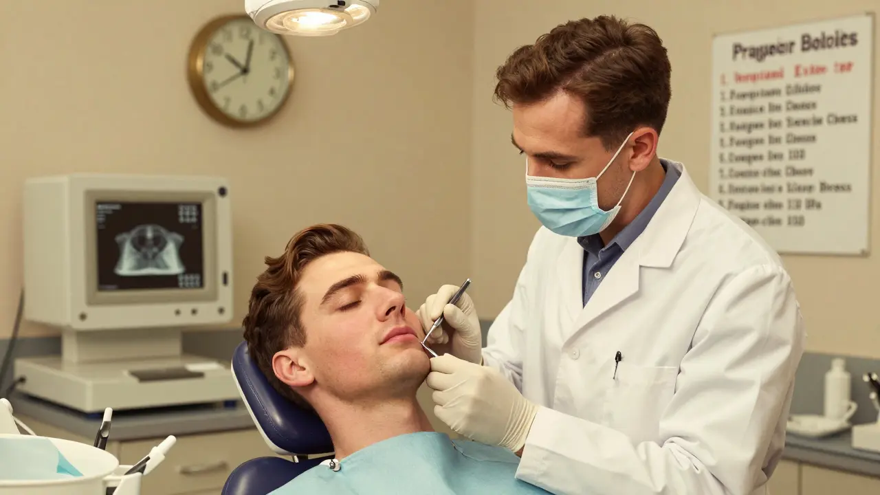 Zubní lékař vyšetřuje pacienta v klinice v noci s nápisem o pohotovosti na pozadí.