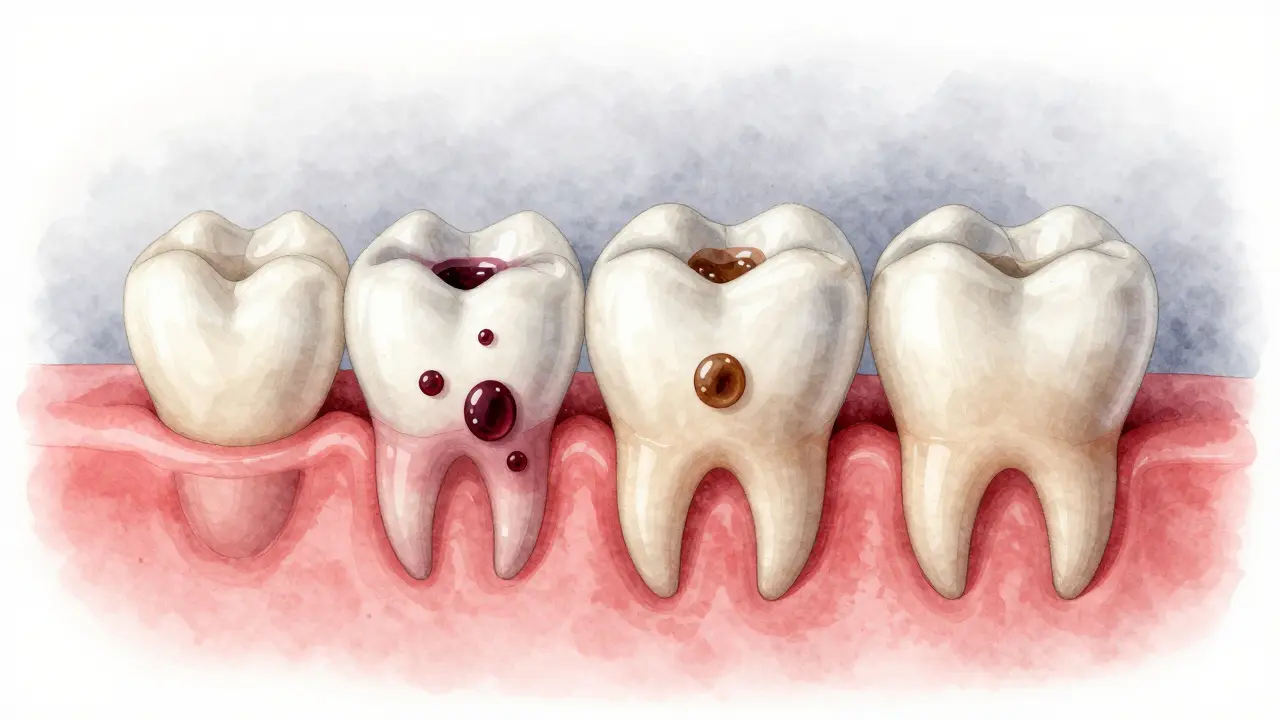 Zvětšený pohled na zubní sklovinku s otevřenými póry a barvivy z vína a kávy pronikajícími dovnitř.