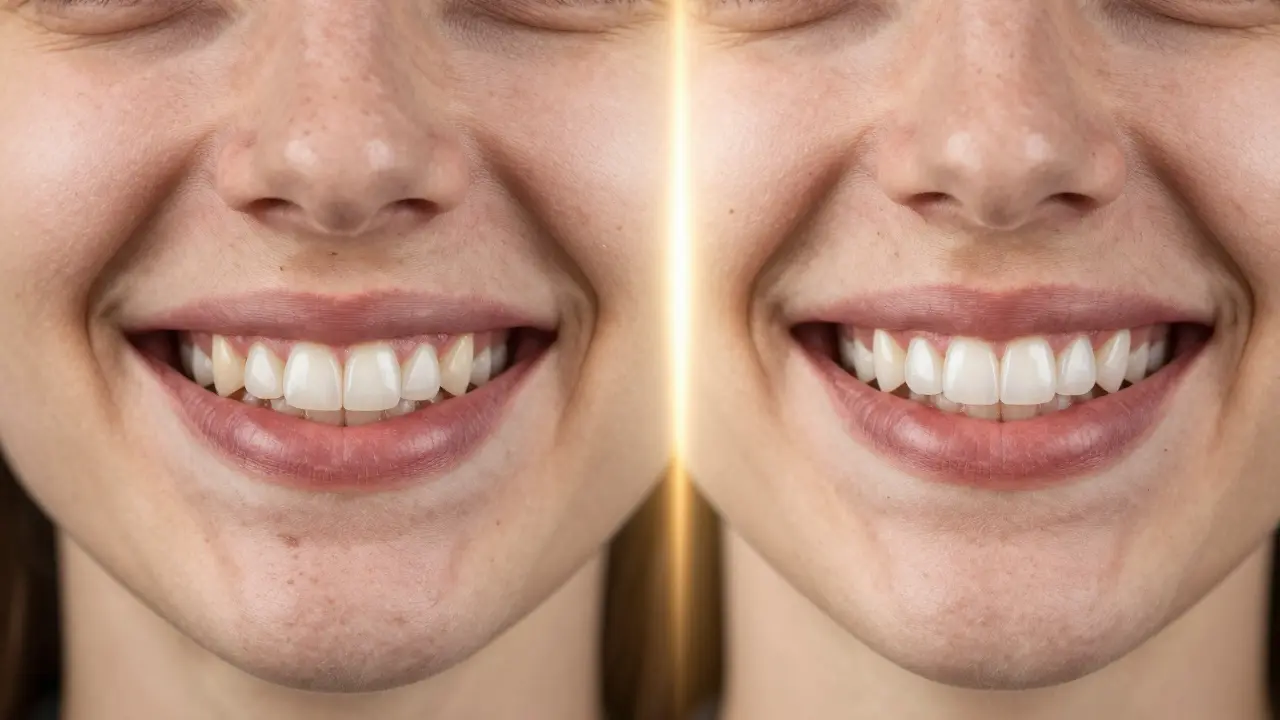 Before and after comparison of a smile transformed by composite veneers.