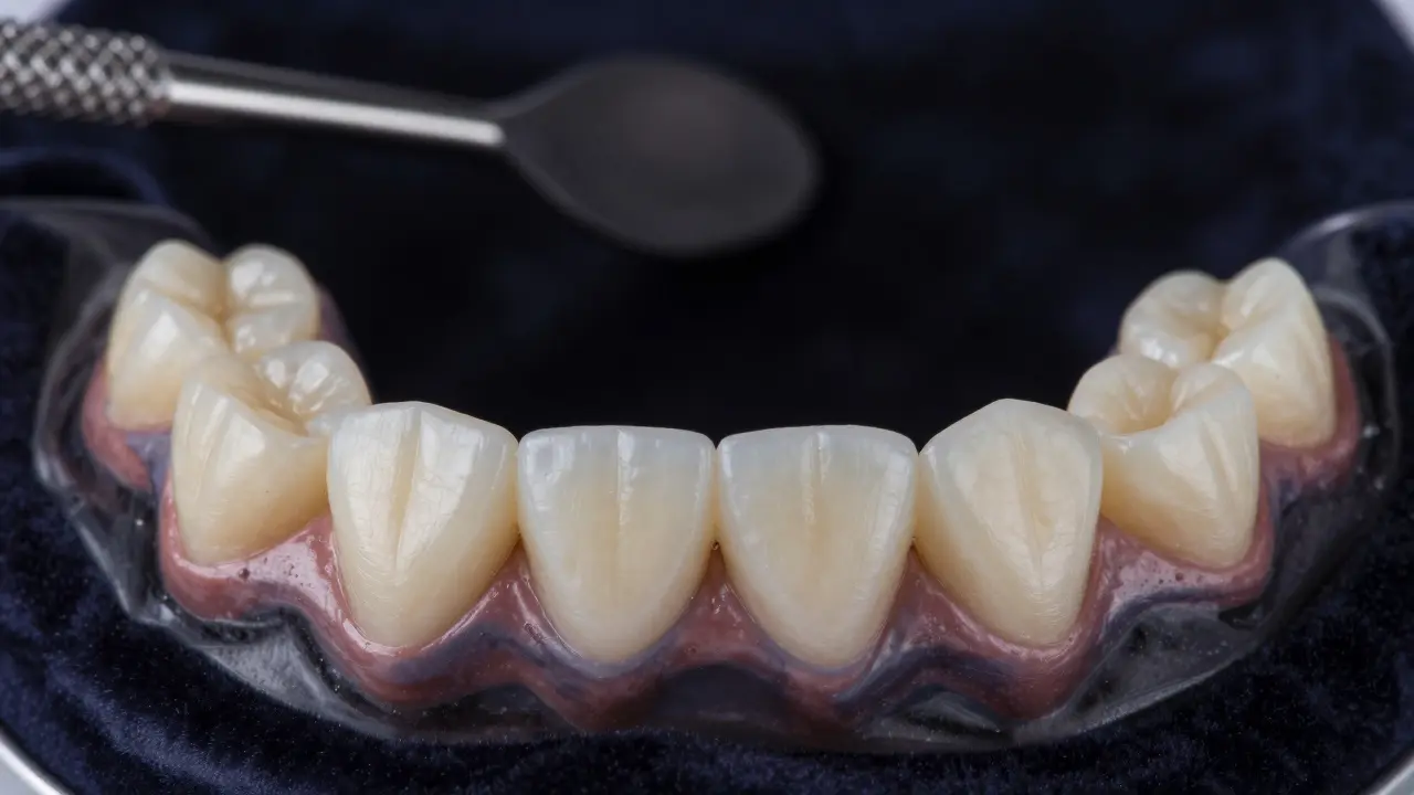 Close-up of eight natural-looking composite veneers on a dental model with realistic enamel texture.