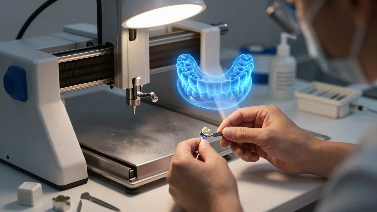 Dentální laboratoř s CNC strojem vyrobením korunky E-MAX z keramického bloku.