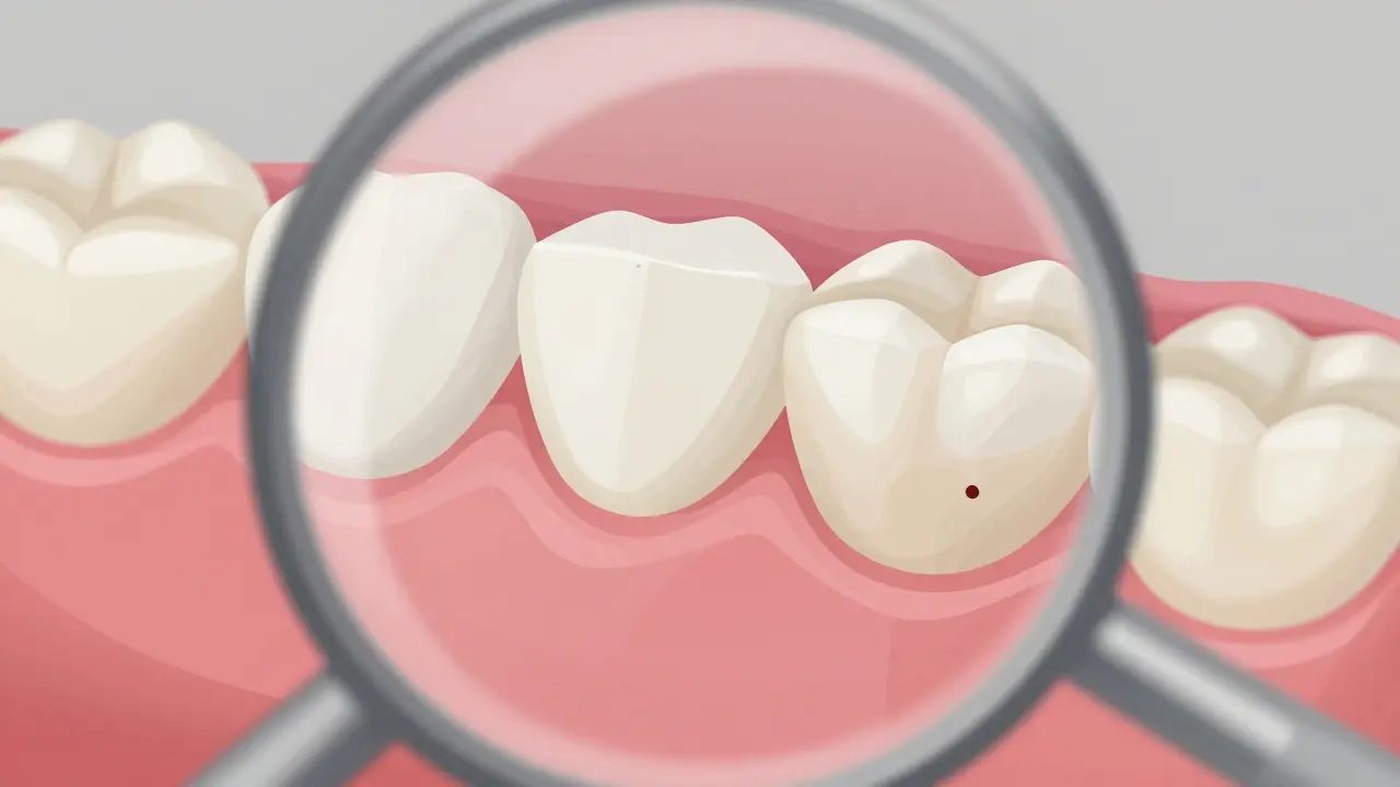 Detailní pohled do úst pomocí dentálního zrcátka s viditelnými příznaky plaku a zánětu dásní.