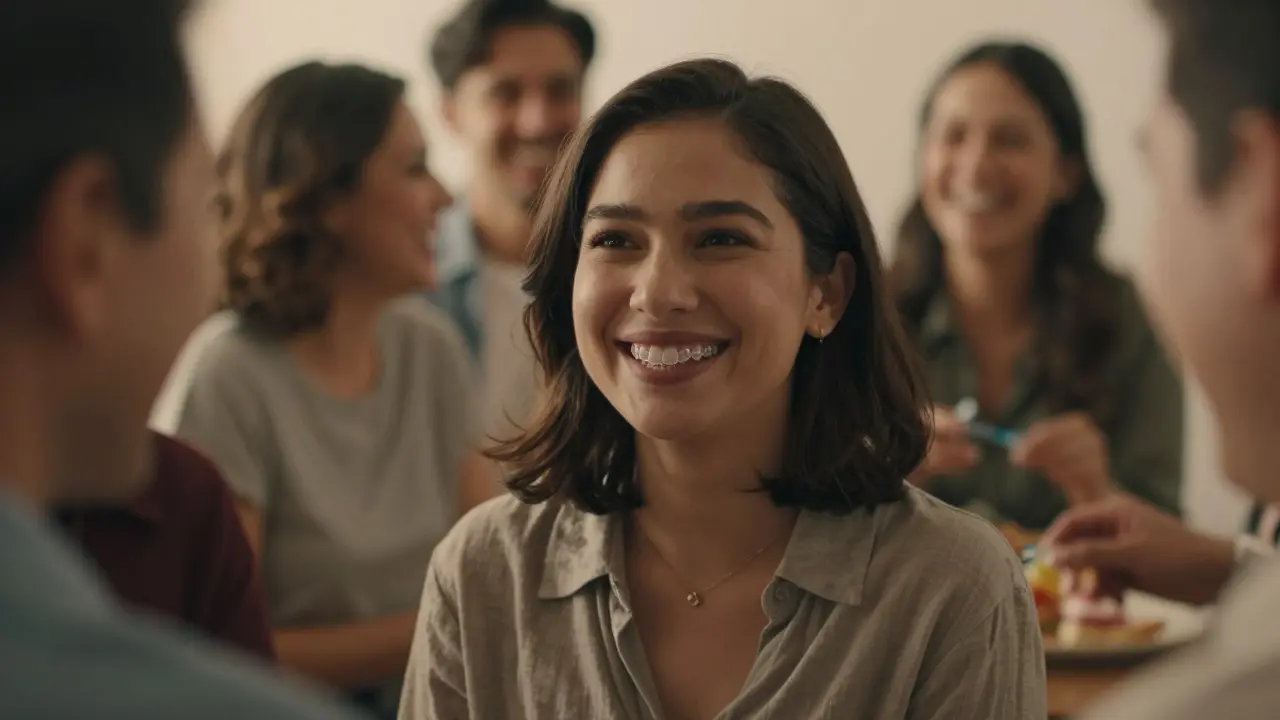 Dospělí se smějí ve společnosti, jeden z nich nosí téměř neviditelné ortodontické držáky.