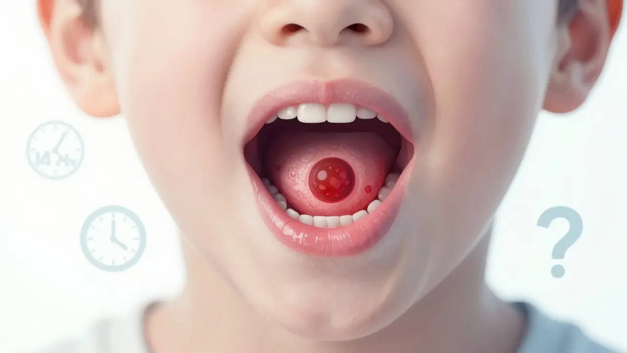 Ilustrace dětské ústní dutiny s viditelným nádorem pod dásní, v kontrastu se zdravou tkání a varovnými symboly.