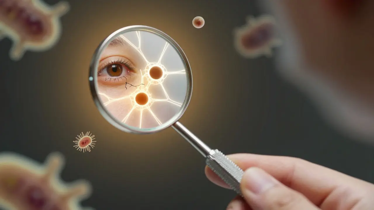 Konceptuální obraz zrcátka odhalující skryté zubní problémy, které nevidí pacient.