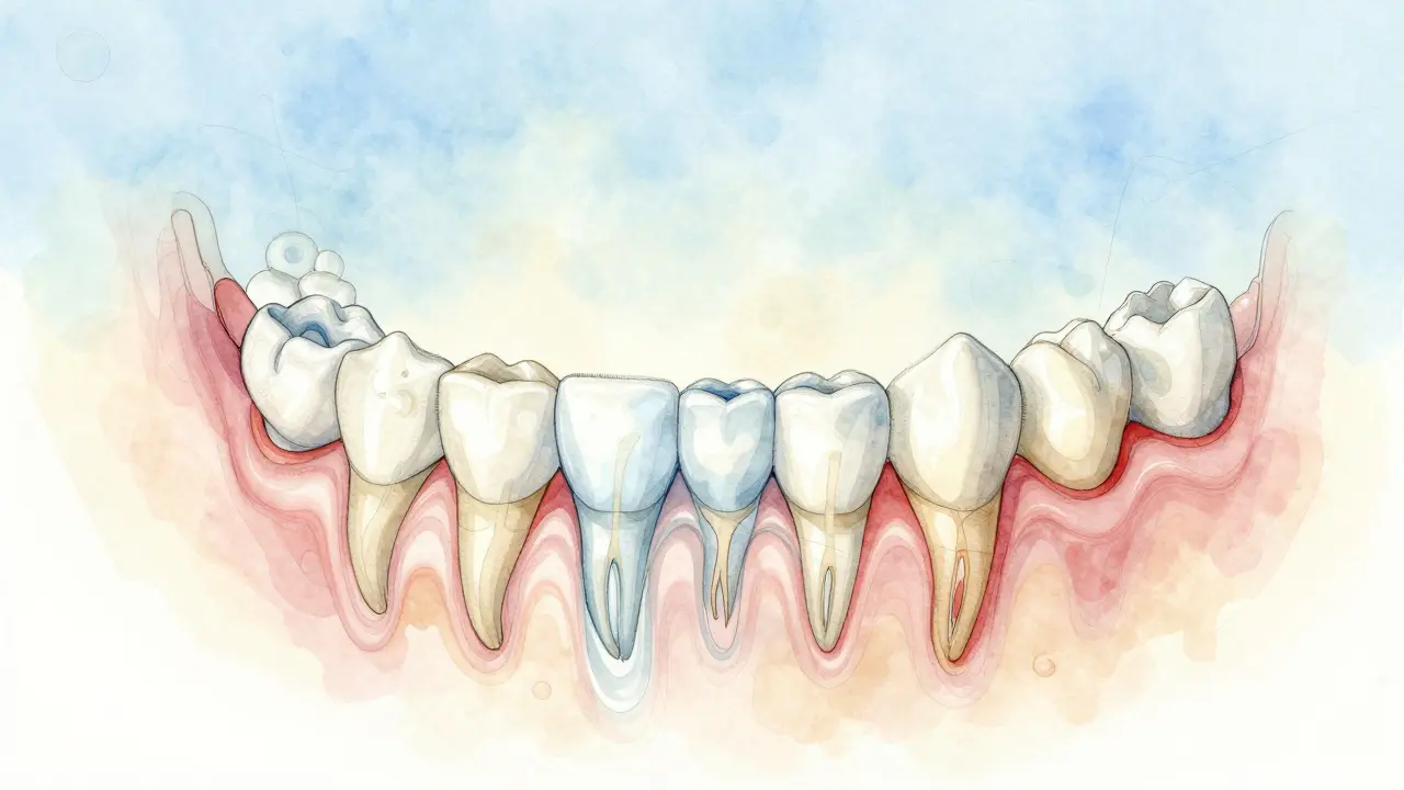 Křížový řez dětské čelisti s resorpcí kořenů mléčných zubů a růstem trvalých zubů.