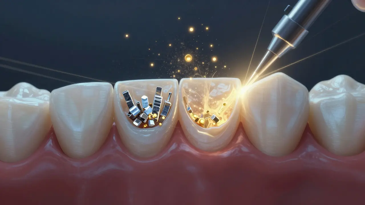 Mikroskopické krystaly hydroxylapatitu obnovují poškozenou sklovinu zubu.