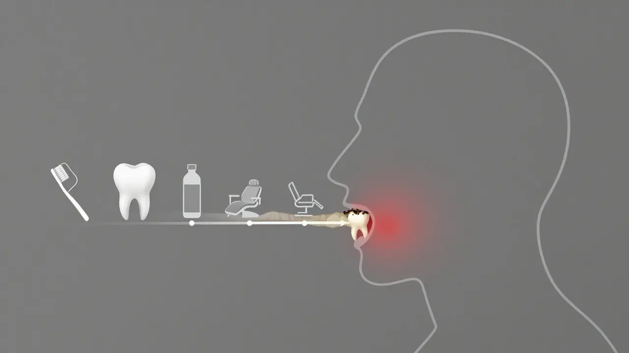 Minimální kresba hlavy s časovou osou od zdravého zubu k ztrátě zubu a klíčovými kroky hygieny.