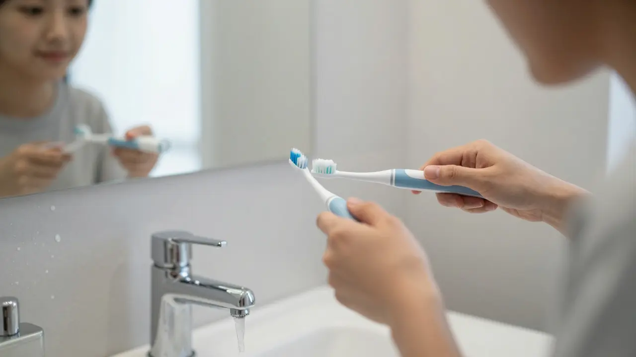 Osoba čistí zuby elektrickým kartáčkem s důrazem na dásně.