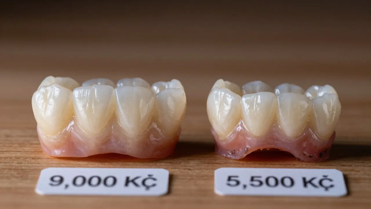 Porovnání kvalitní a levné zirkonové korunky s viditelnými rozdíly v barvě a hraně.