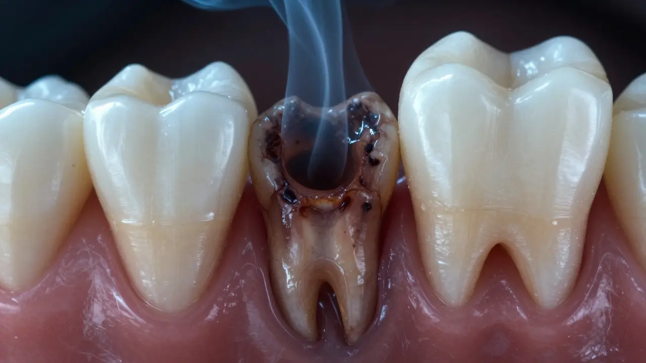 Poškozený kořen zubu s viditelnou ztrátou kosti a infekcí v důsledku parodontitidy.