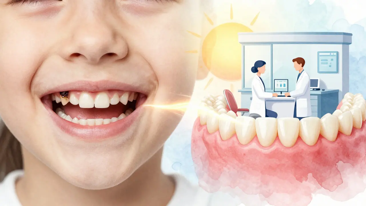 Přechod od zubů s kamenem a zánětem k zdravému úsměvu, symbolizující prevenci a léčbu.