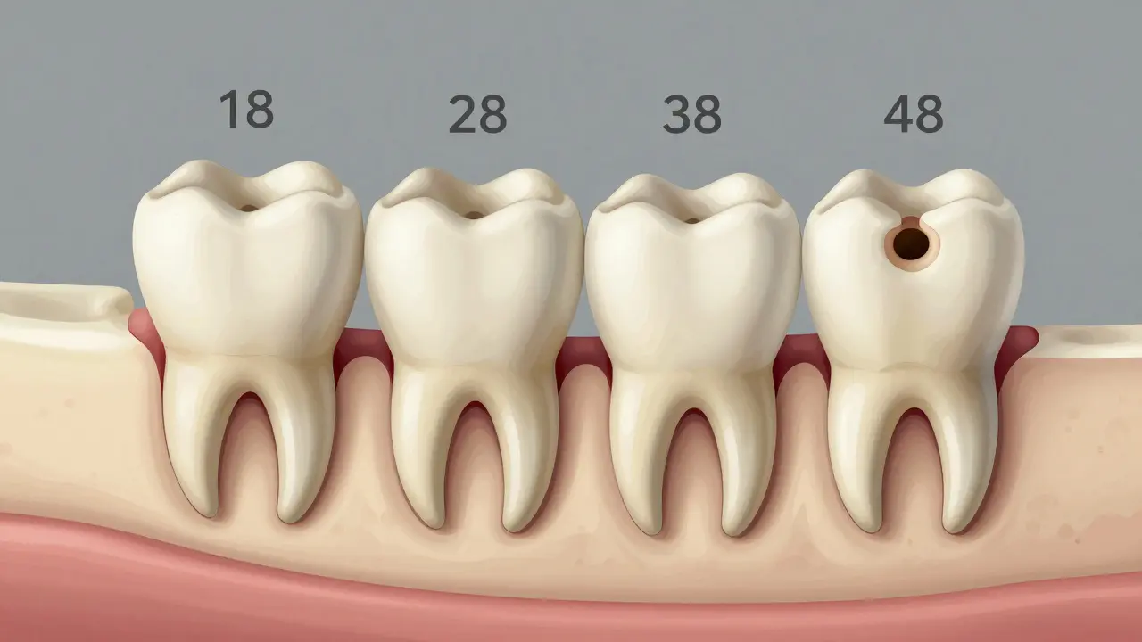 Příčný řez čelistí s různými polohami osmiček včetně zatažené a cysty.
