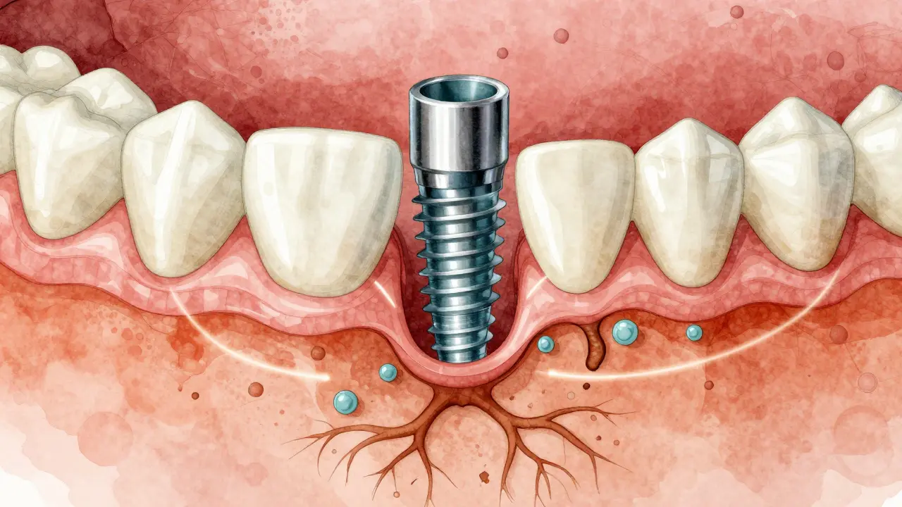 Příčný řez čelistí s titanovým implantátem, kolem něj rostou kostní buňky jako kořeny.
