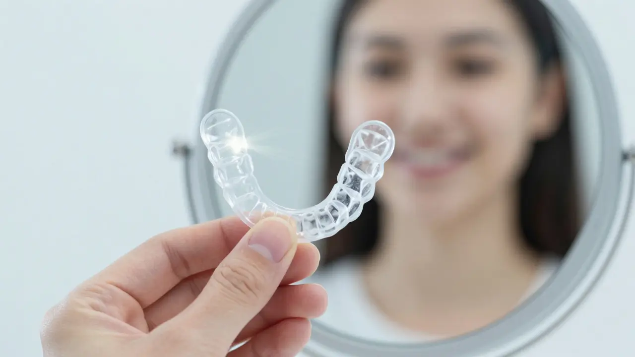 Průhledný ortodontický přístroj v ruce, odraz úsměvu v pozadí.