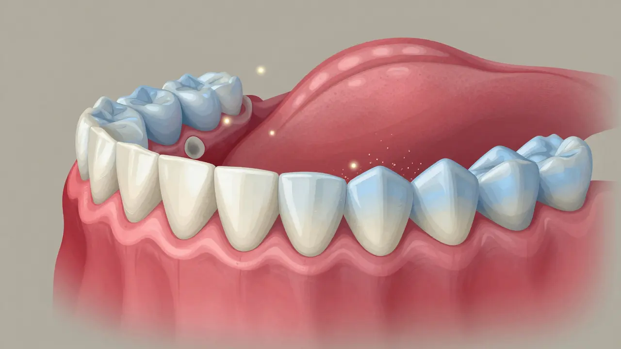 Průřez čelisti s překrývajícími se zuby a hromaděním plaku v úzkých mezích.