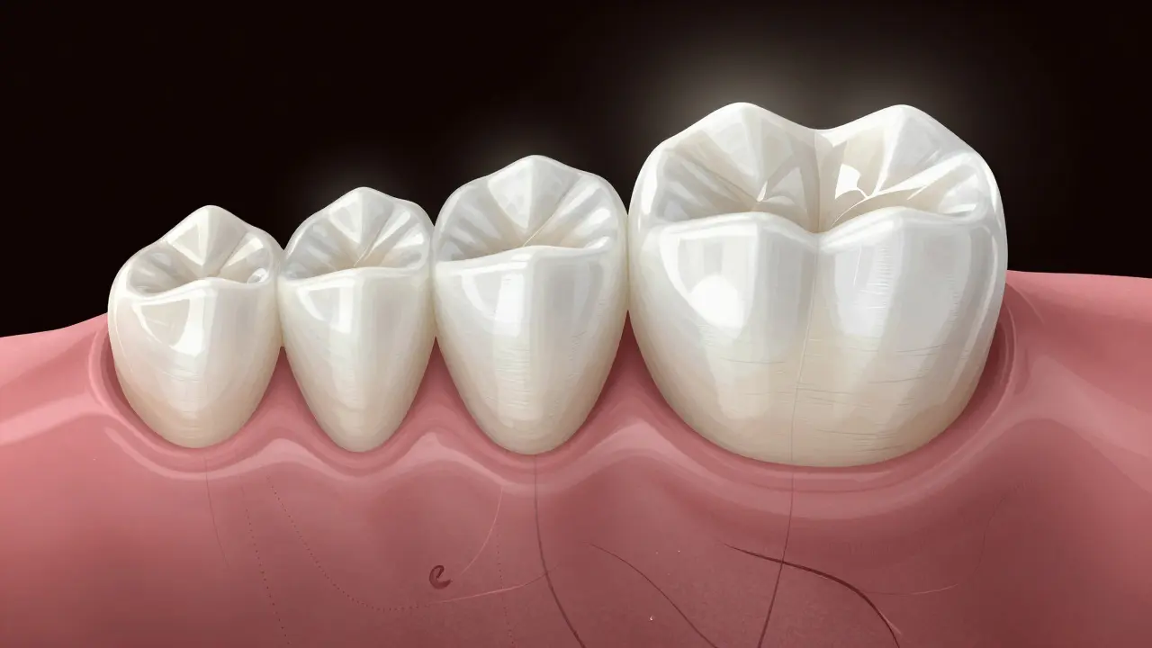 Průřez zirkonové korunky ukazující vrstvy keramiky a zirkonového jádra.