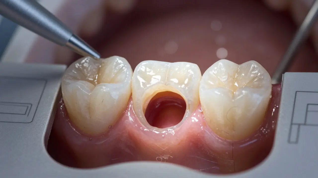 Průřez zubu s keramickou onlay, která obnovuje poškozenou část bez odstranění zdravé tkáně.