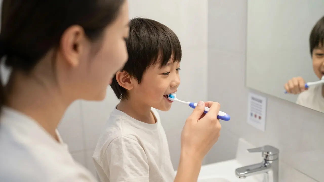 Rodič a dítě společně čistí zuby ve večerním osvětlení, symbolizující denní hygienu.