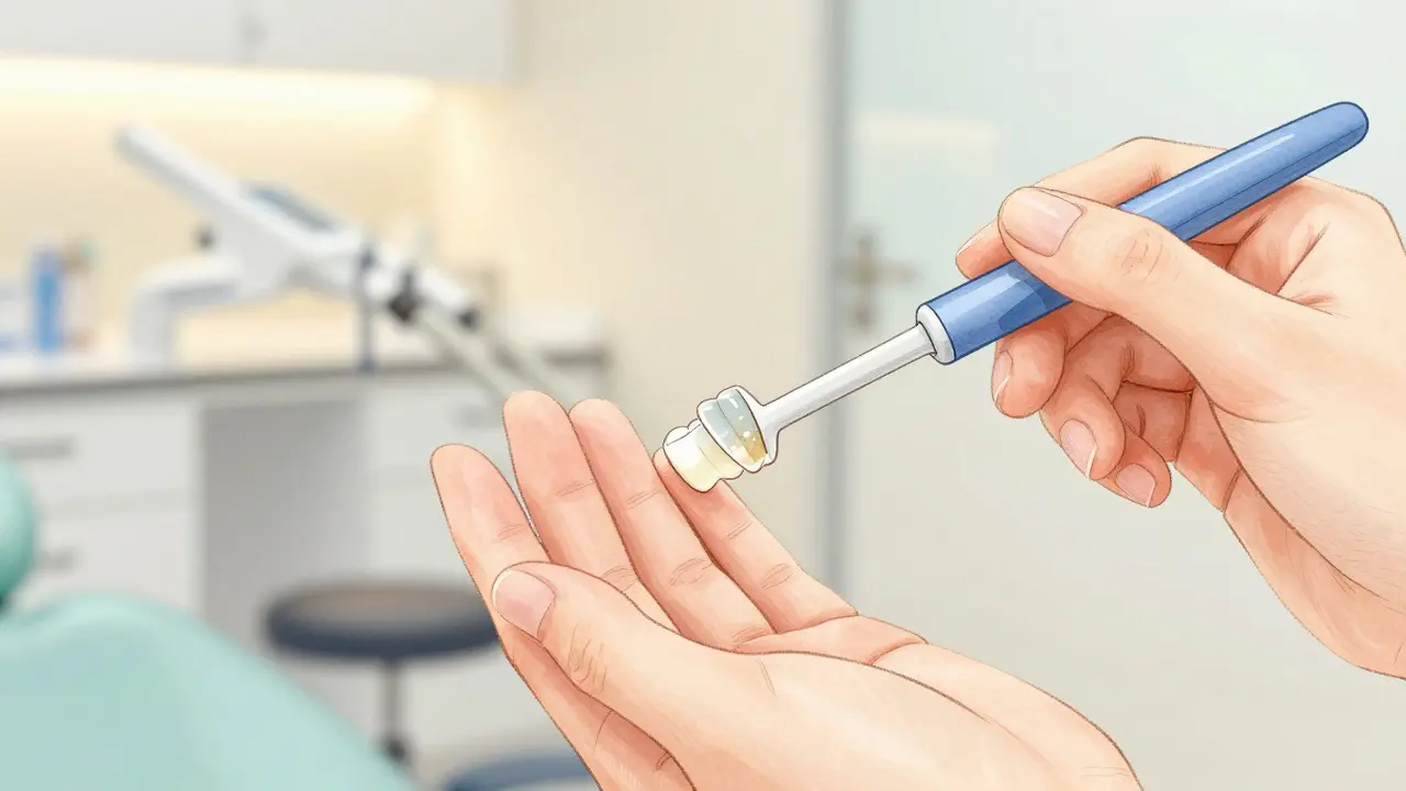 Ruka aplikuje fluoridový gel na zuby během obnovy po ortodoncii.