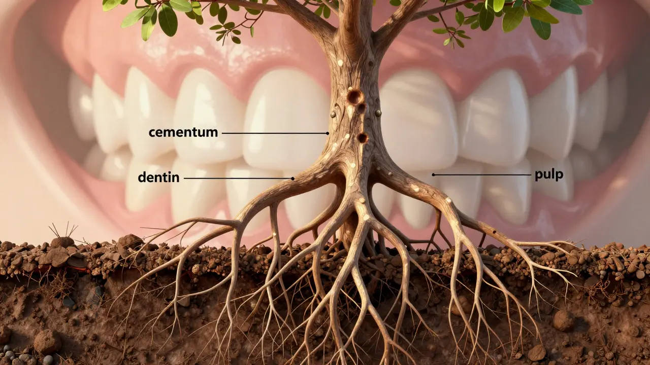 Stromovitý kořenový systém, který připomíná strukturu molárů, propojený s čelistí jako půdou.