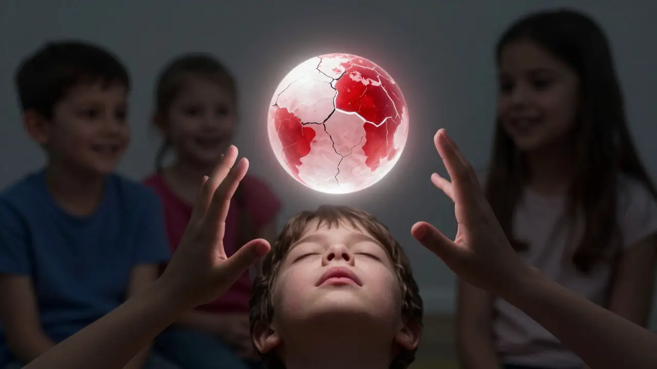 Tři dětské ruce se táhnou k zářivému, poškozenému kouli nad dětskými rty, symbolizujícímu vynechané příznaky.