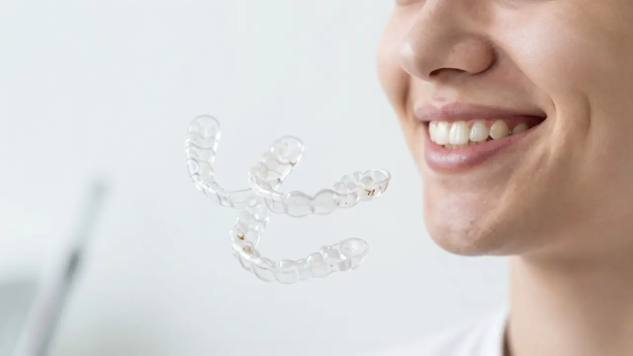 Tři průhledné ortodontické držáky visí ve vzduchu vedle smějícího se dospělého pacienta.