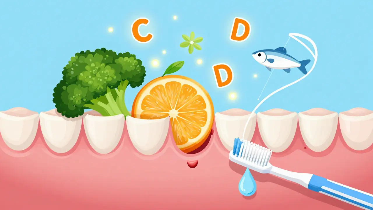 Zdravé dásně se obnovují díky vitamínům z ovocí a zeleniny, doprovázené kartáčkem a nití.