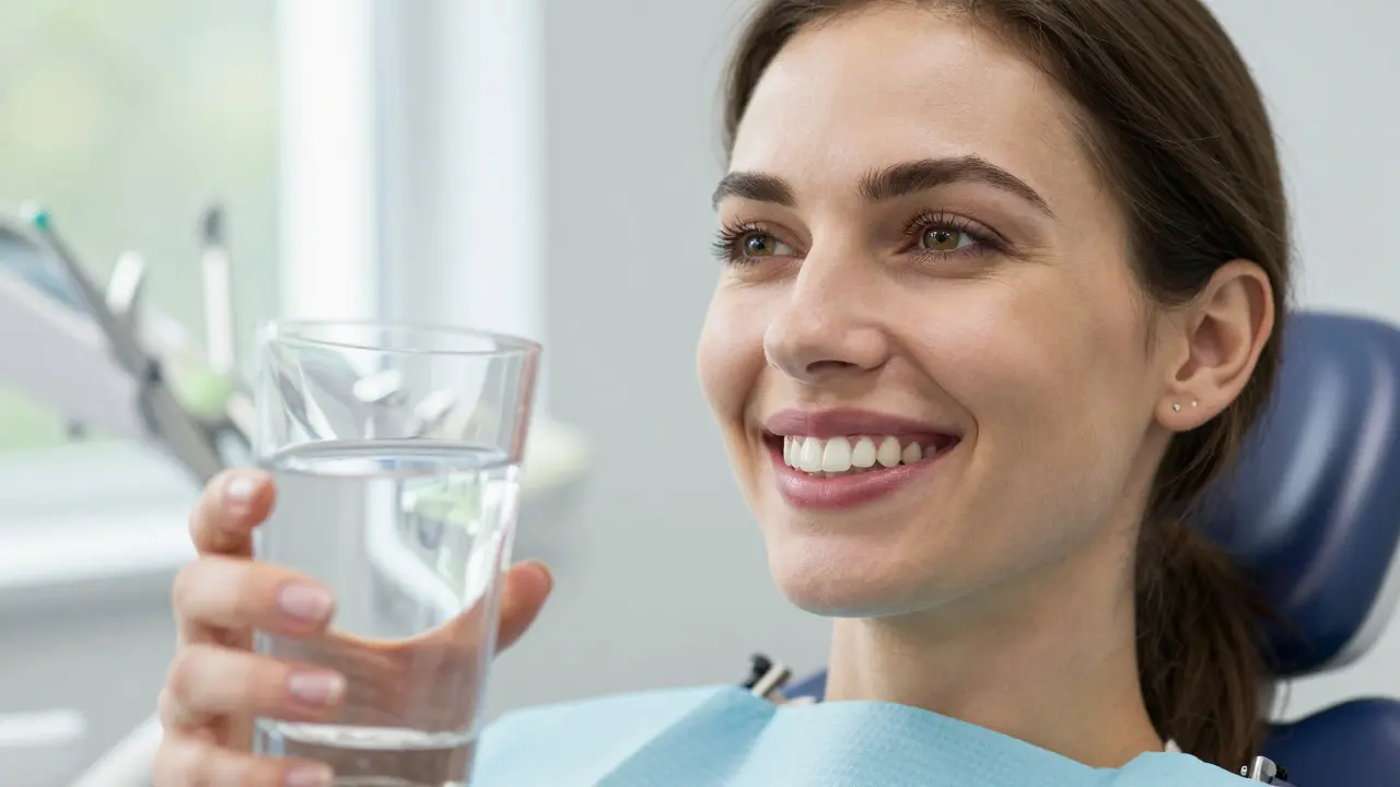 Žena po odstranění zubního kamene se směje, má zdravé zuby a dásně.