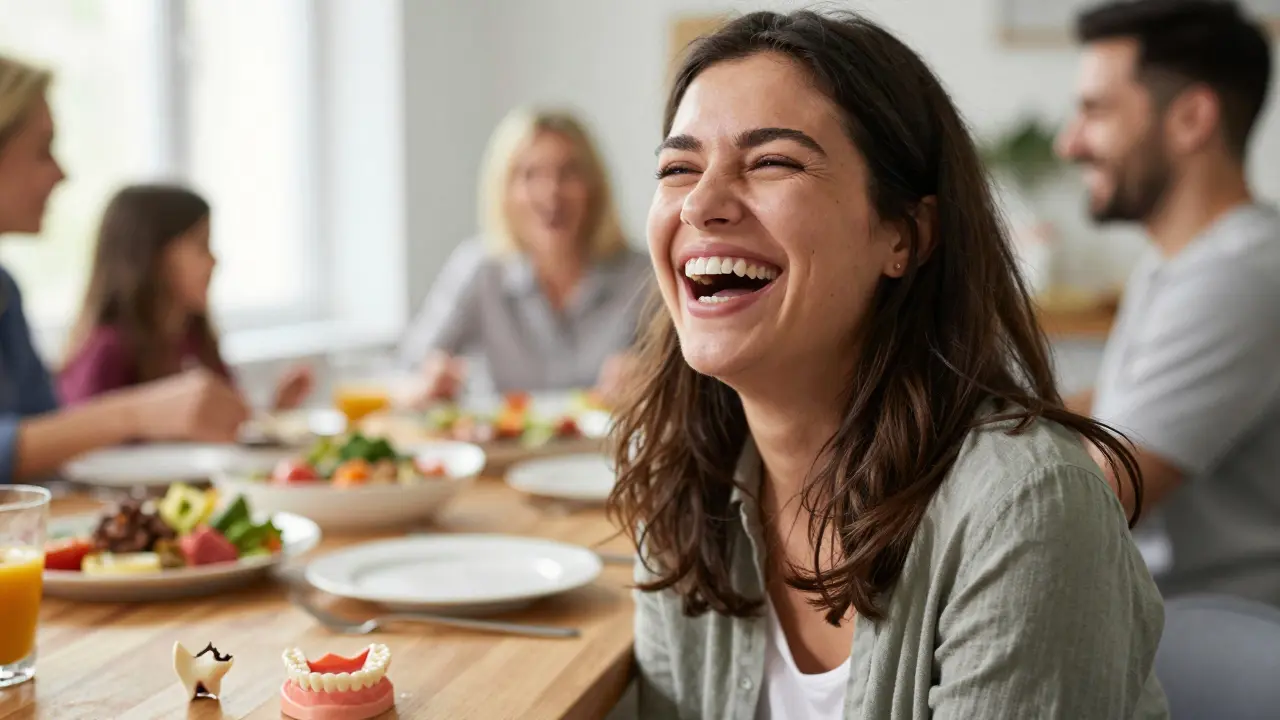 Žena se směje při večeři s plnou smíchy, implantáty vypadají jako přirozené zuby.