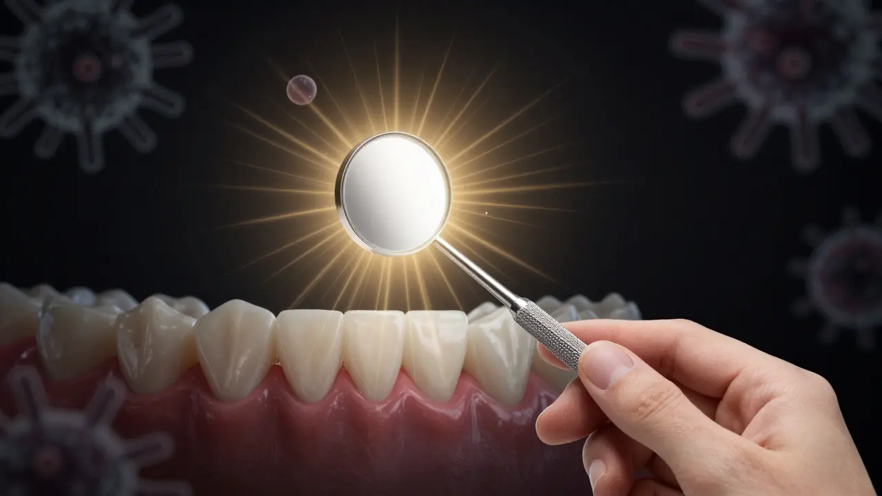 Zlaté světlo z dentálního zrcátka osvětluje skryté oblasti za zuby jako symbol rané detekce problémů.
