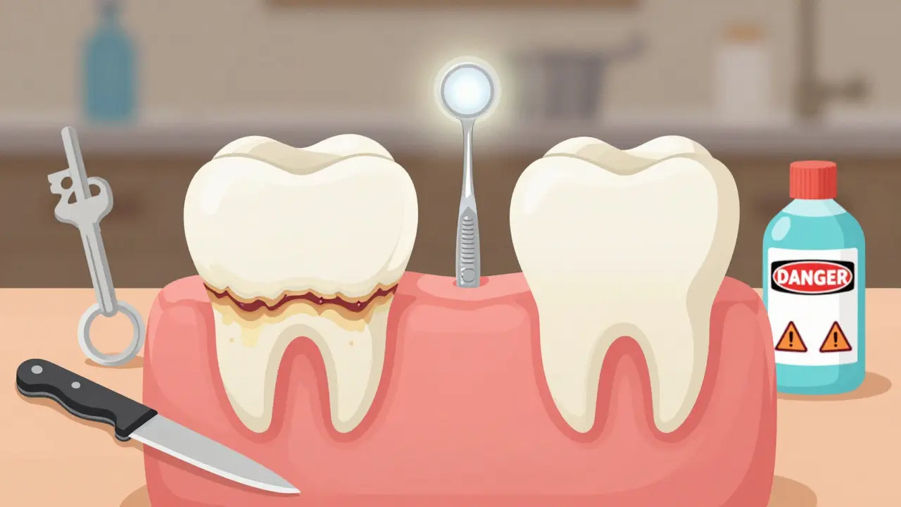 Zub s hromaděním zubního kamene vedle nebezpečných domácích předmětů a profesionálního nástroje.