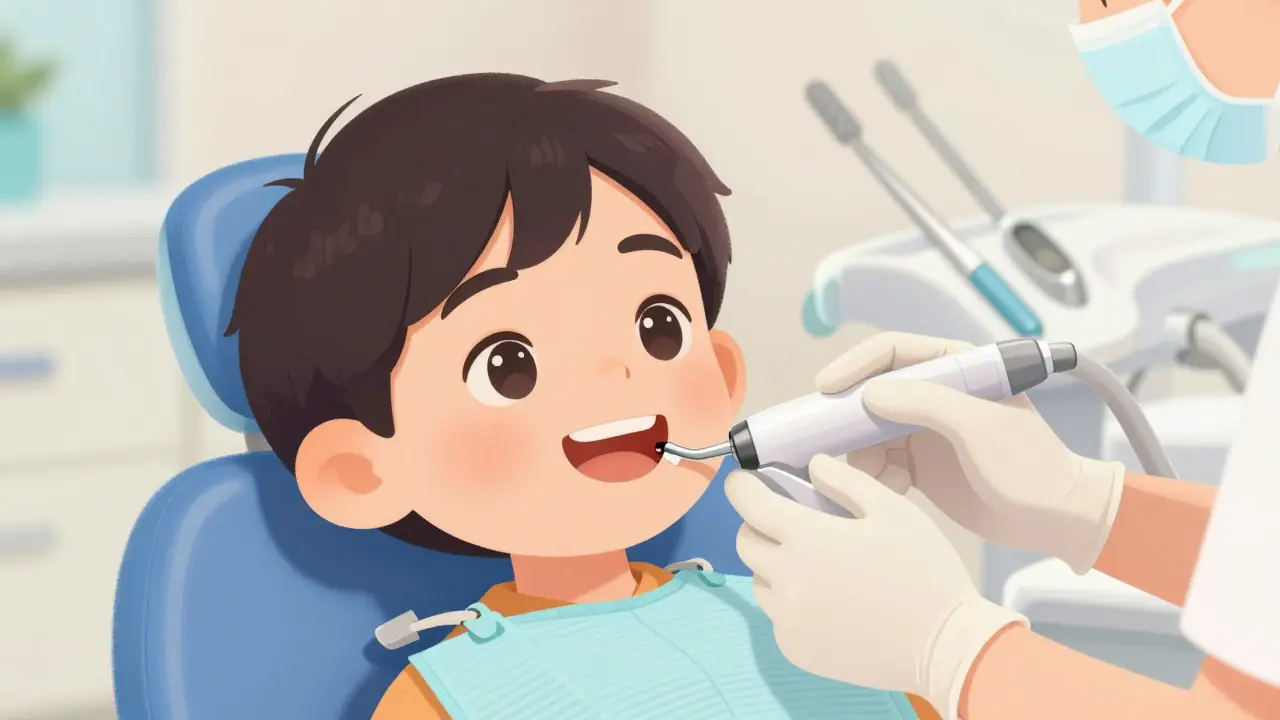 Zubní hygienička odstraňuje zubní kámen u dítěte pomocí ultrazvukového nástroje.