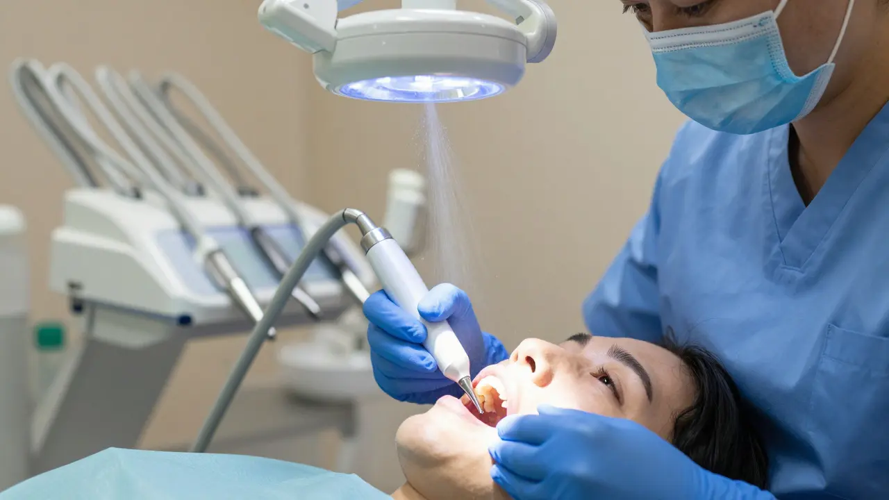 Zubní hygienistka provádí profesionální čištění ultrazvukem.