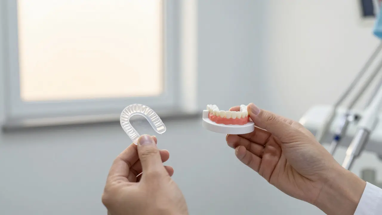 Zubní lékař drží přesně přizpůsobenou šablonu pro bělení, vedle ní leží domácí sada.