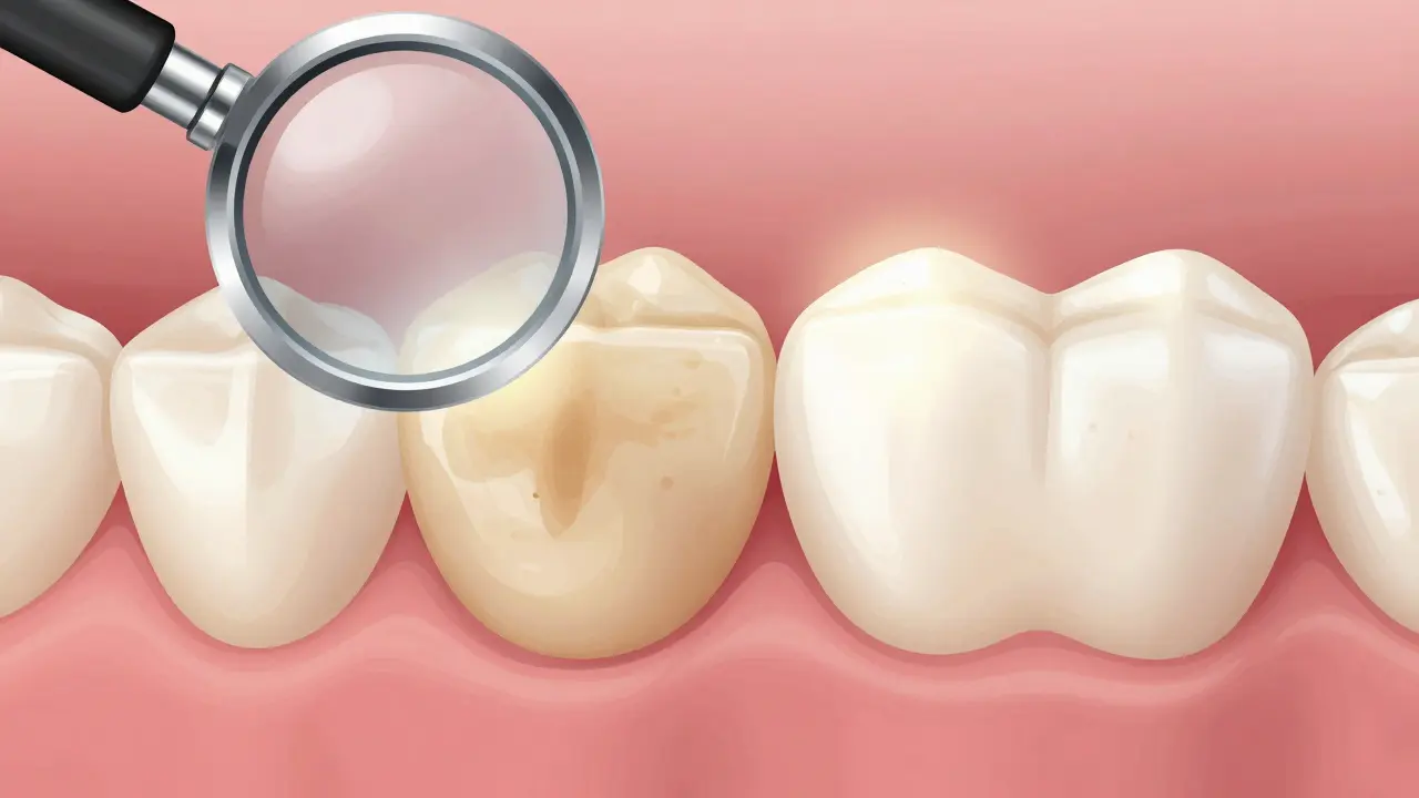 Zvětšený pohled na zubní sklovinu: žluté skvrny se mění na bílou povrchovou vrstvu.