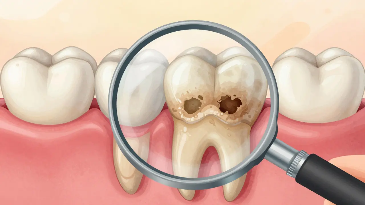 Zvětšený řez zubem ukazující poškození skloviny způsobené příliš častým bělením.