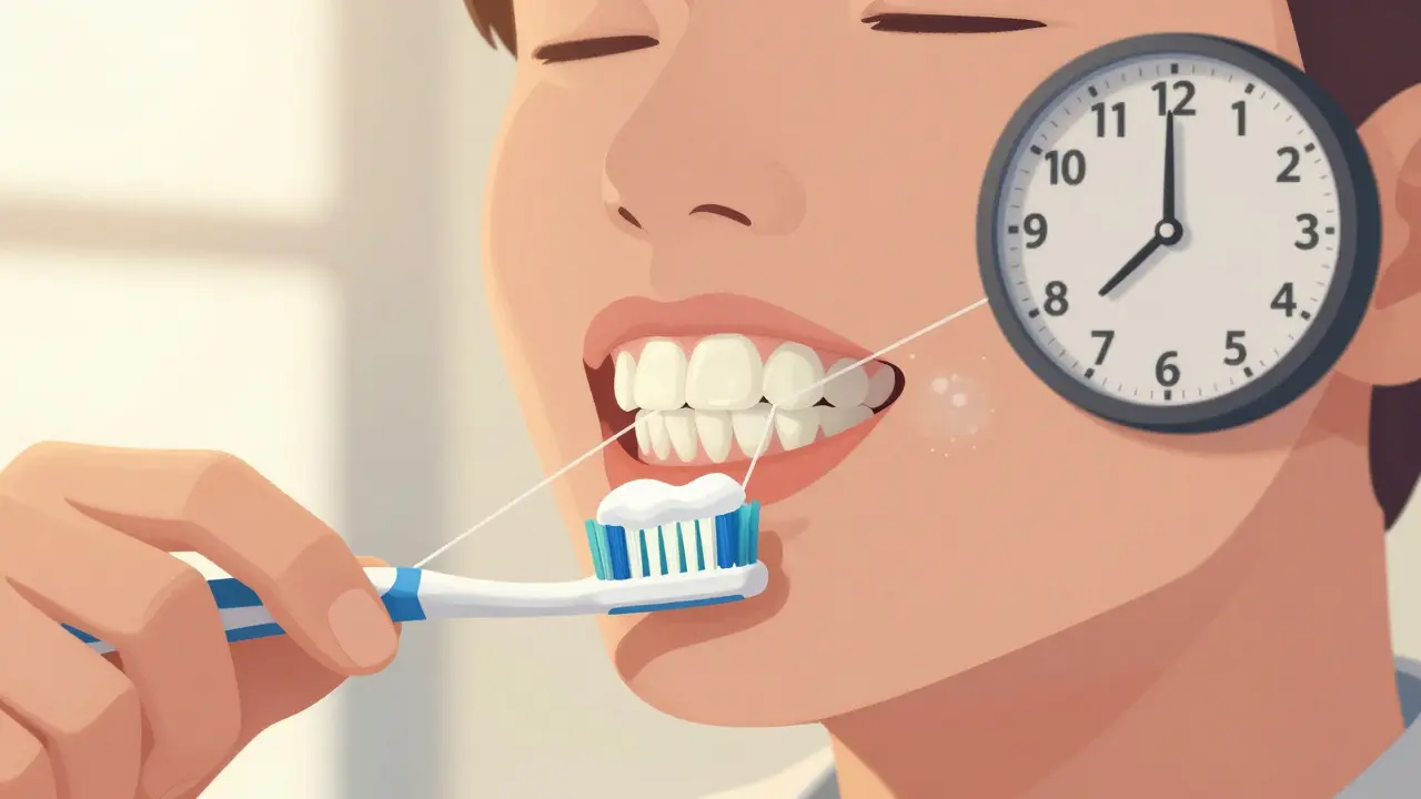 Člověk čistí zuby dvě minuty, viditelná fluoridová pasta a floss mezi zuby.