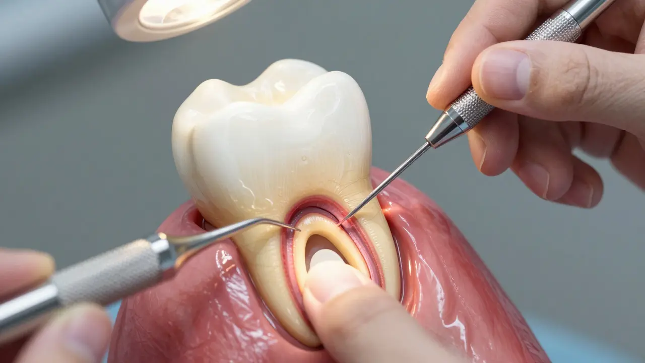 Dentista provádí kořenové ošetření zubu s použitím speciálních nástrojů.