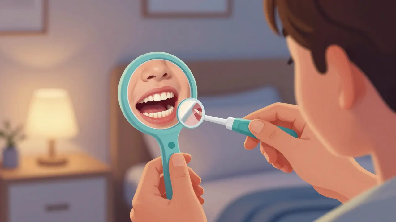 Dítě se učí používat dentální zrcátko ve společnosti rodiče před spaním.